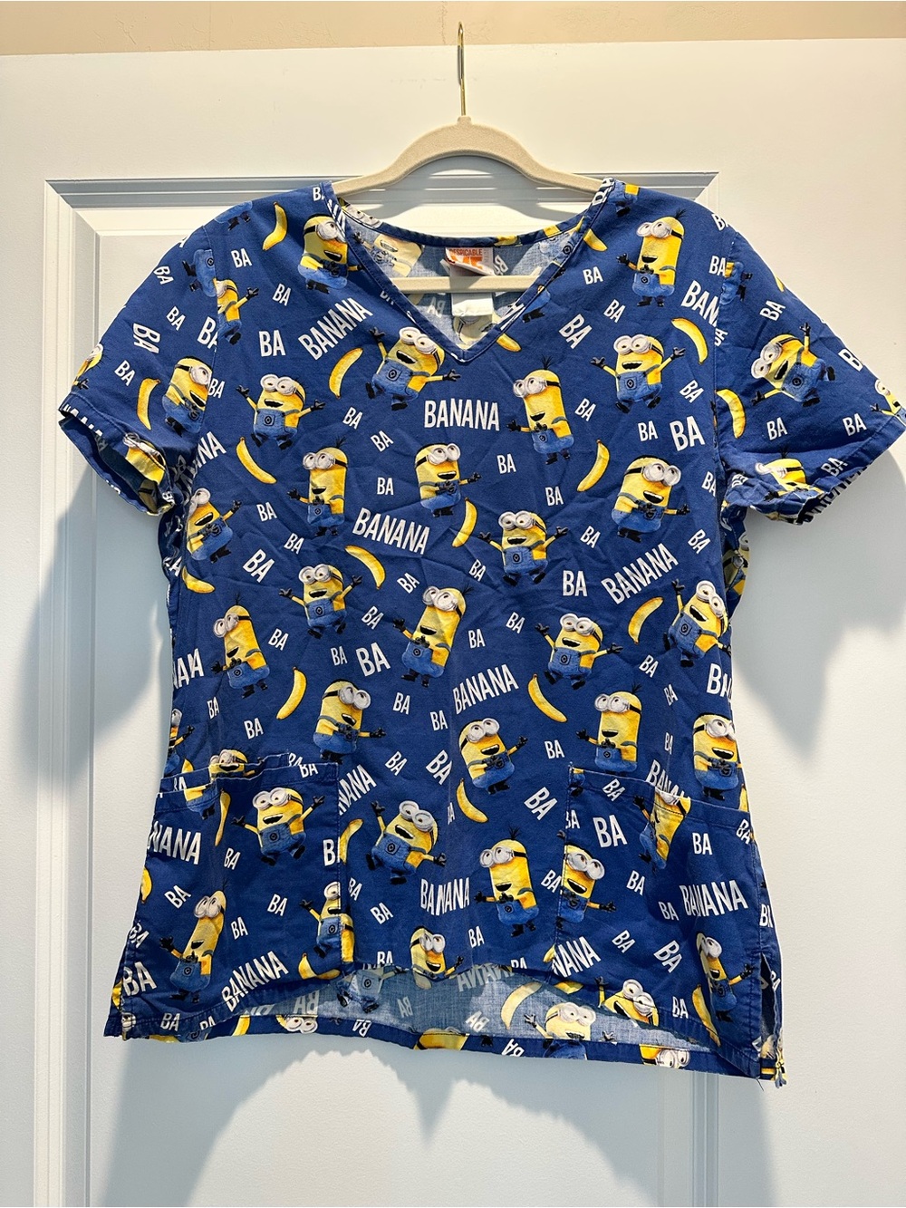 Blue Minions Banana Print Scrub Top